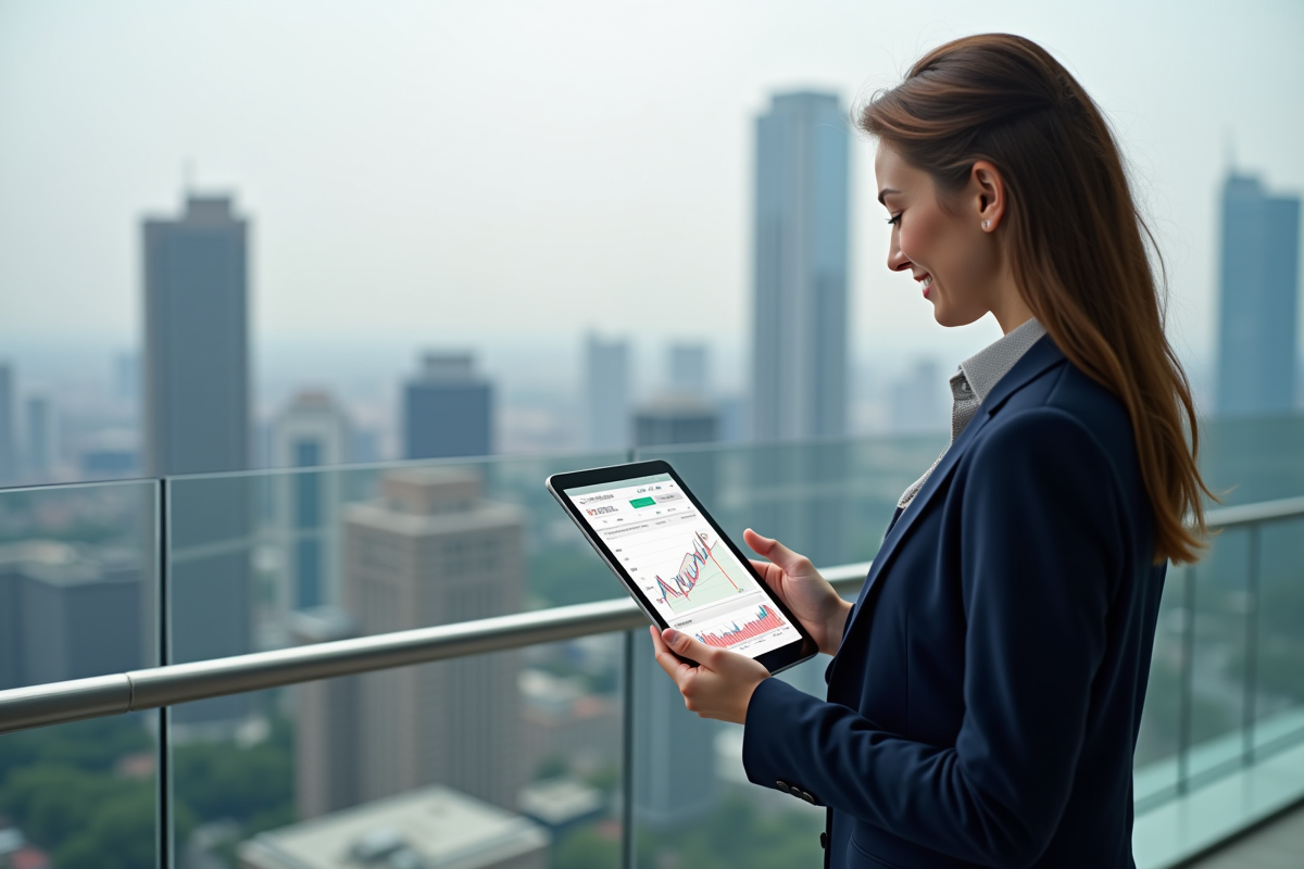 Femme avec tablette sur un rooftop avec vue urbaine