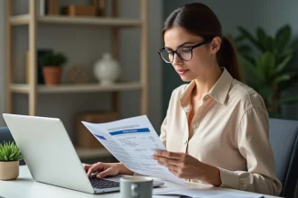 Femme freelance vérifiant un virement PayPal vers son compte bancaire sur un ordinateur portable dans un bureau à domicile