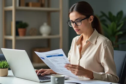 Femme freelance vérifiant un virement PayPal vers son compte bancaire sur un ordinateur portable dans un bureau à domicile