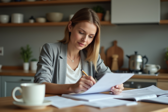 Femme d'âge moyen vérifiant ses factures à la maison