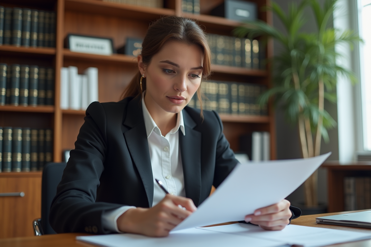 Femme d affaires examine un document legal dans un bureau lumineux