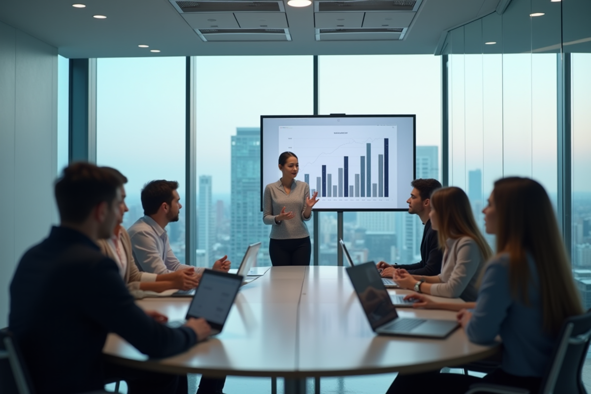 Jeune femme professionnelle présente des graphiques en réunion
