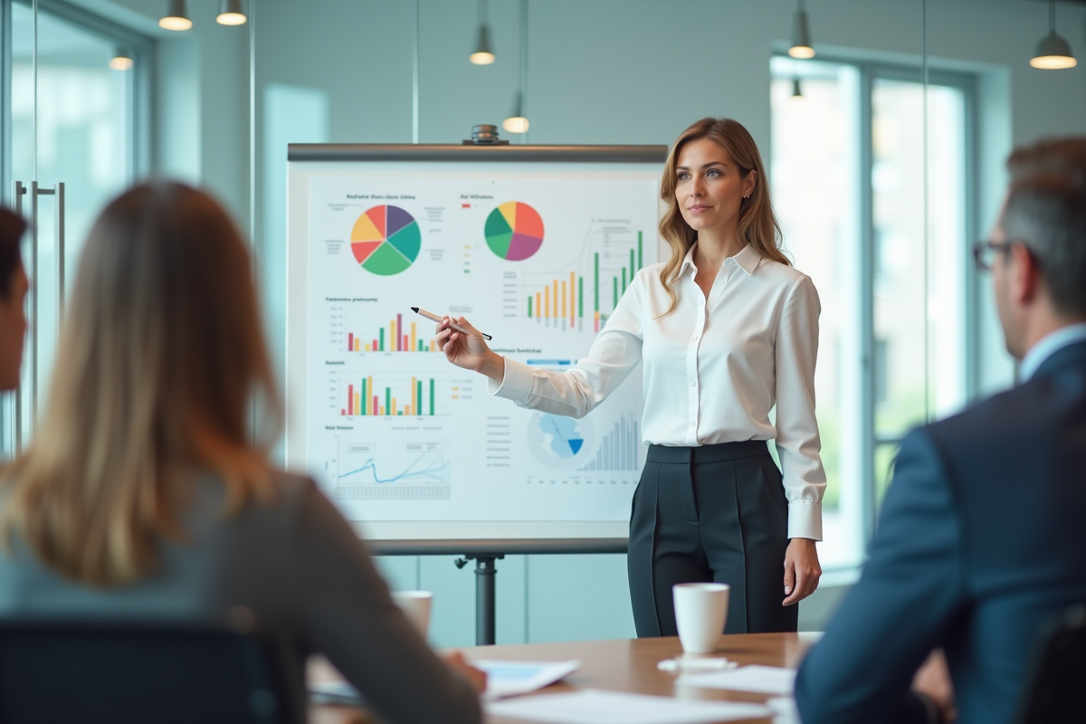Femme professionnelle expliquant des diagrammes colorés en réunion