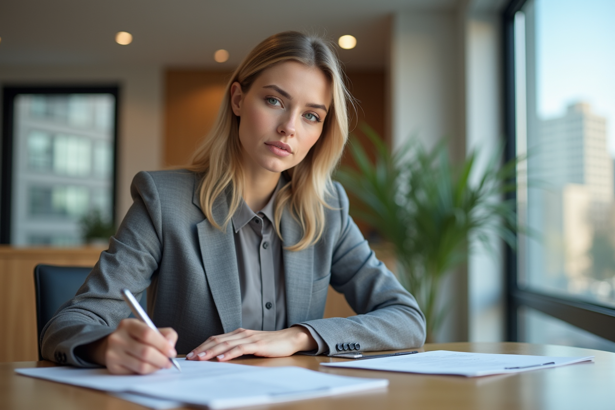 Jeune femme d'affaires remplissant des documents de prêt immobilier