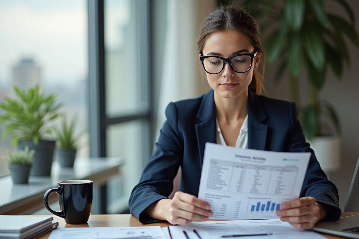 Femme professionnelle en bureau moderne avec ordinateur et documents