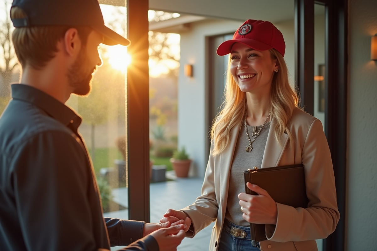 Femme souriante recevant de l'argent à domicile