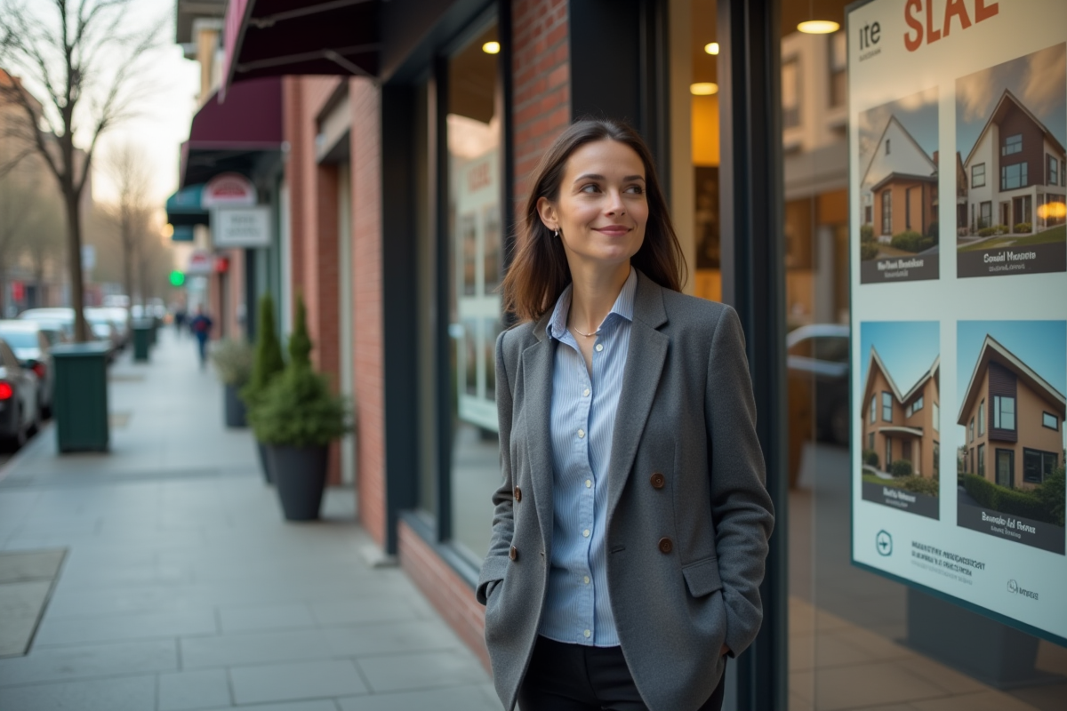 Femme regardant les annonces immobilières dans la rue