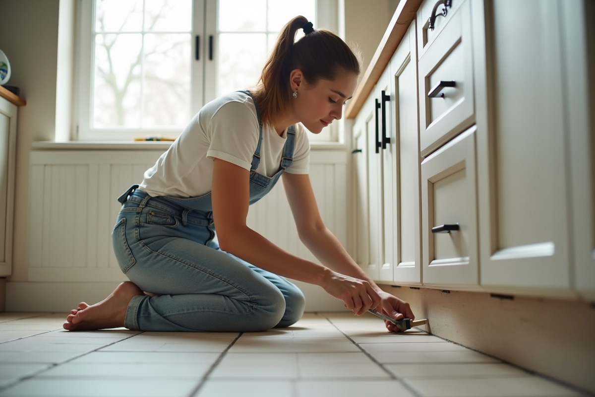 Jeune femme appliquant du mastic sur une cuisine en rénovation