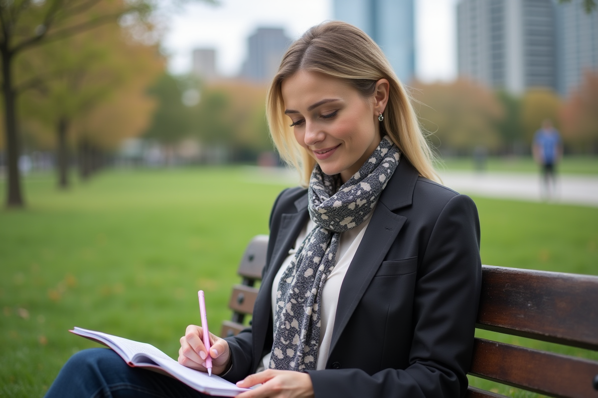 Femme lisant un livret de planification retraite en parc