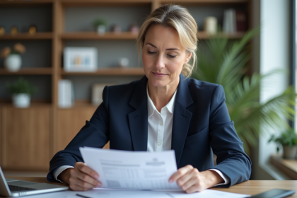 Femme d'âge moyen en costume bleu examine documents de retraite