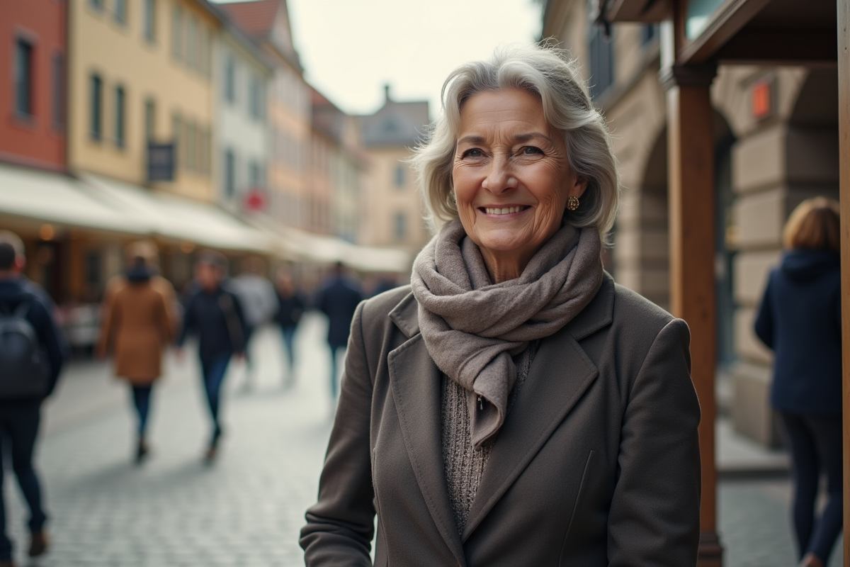 Femme âgée discutant avec un conseiller en plein air dans une place de ville