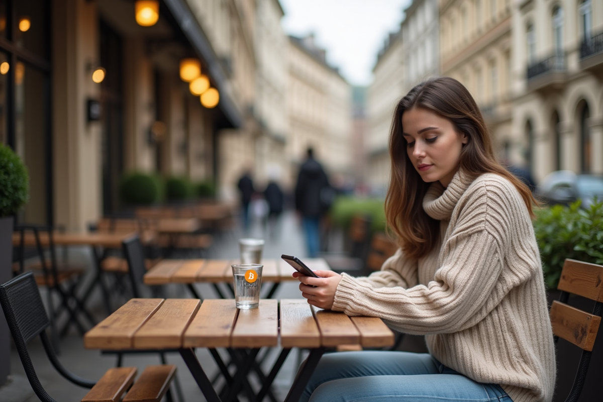 Jeune femme regardant son smartphone avec logo Bitcoin en extérieur