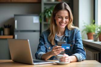 Femme souriante vérifiant son smartphone avec une carte bancaire