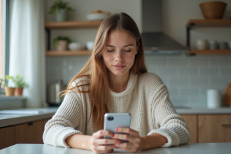 Jeune femme regardant son smartphone dans la cuisine