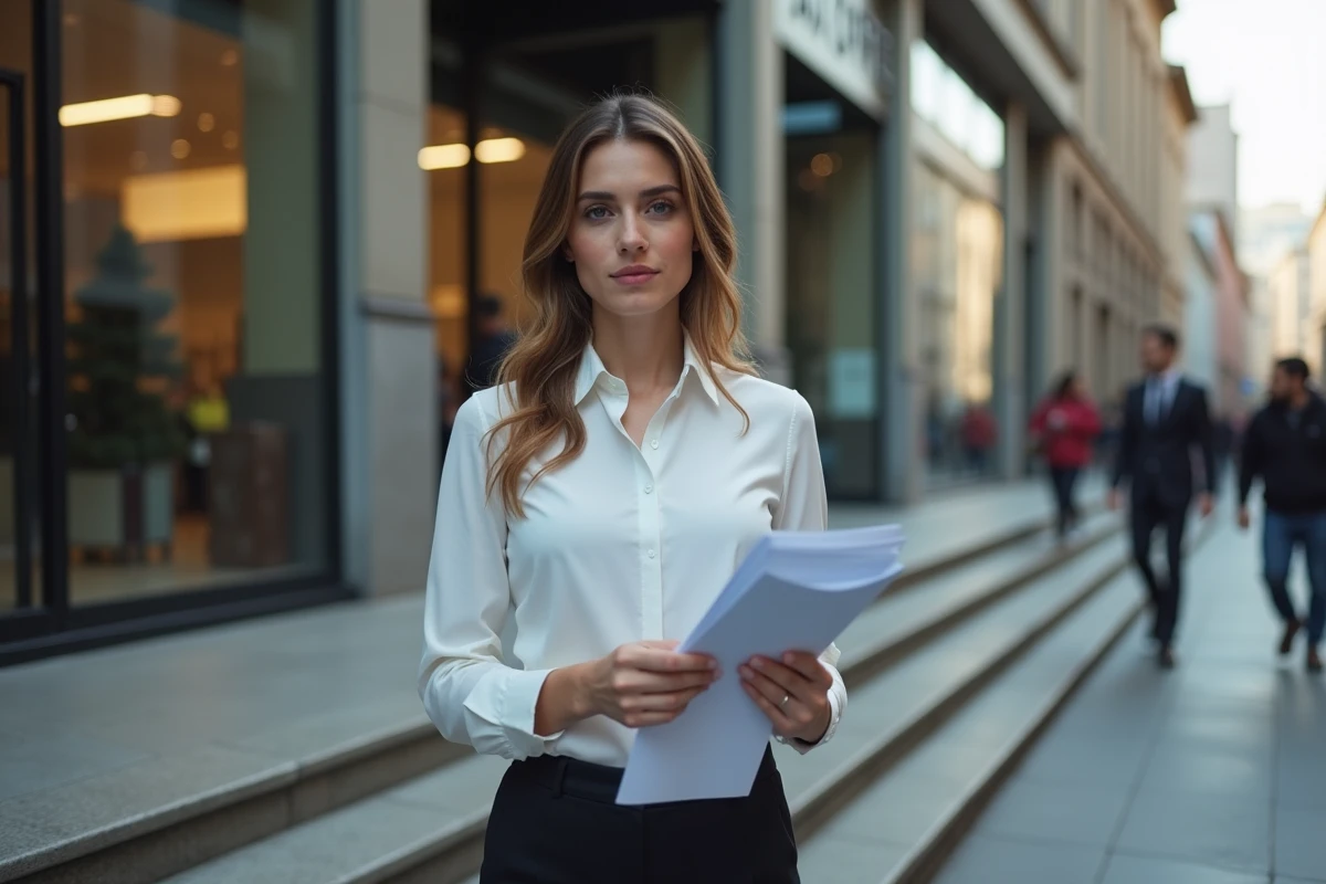 Jeune femme devant un bureau de taxes en ville