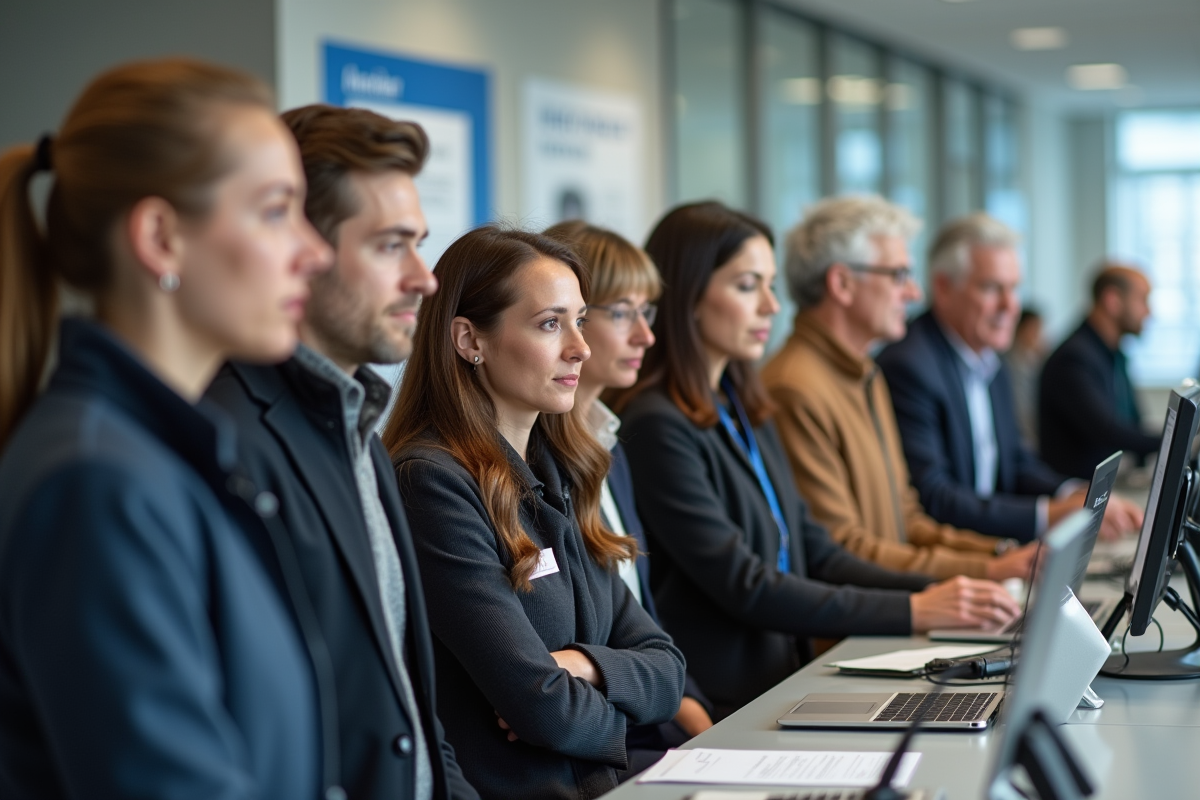 Groupe diversifié en attente dans un bureau administratif français