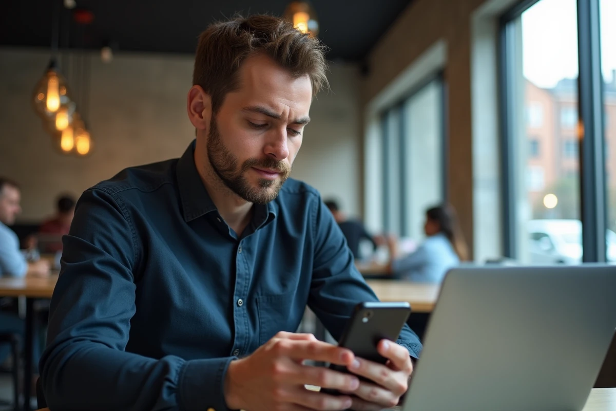 Freelance masculin effectuant un virement PayPal sur smartphone dans un espace de co-working moderne