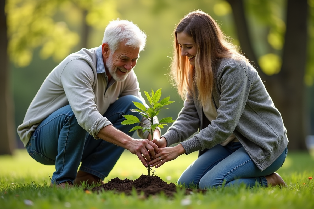 Pere et fille plantant un arbre pour la retraite