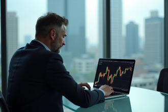 Homme d'affaires concentré devant un ordinateur avec graphique Bitcoin