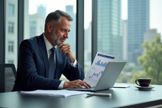 Homme d'affaires en costume regardant des graphiques ETF