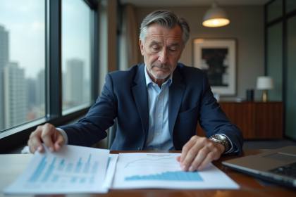 Homme d'affaires en costume bleu analysant des documents financiers