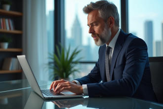 Homme d'affaires étudiant des graphiques financiers sur un ordinateur