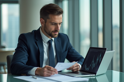 Homme d'affaires en costume regardant un graphique financier