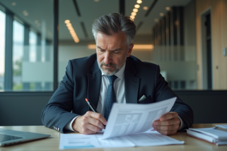 Homme d'affaires en bureau moderne en train de remplir des papiers