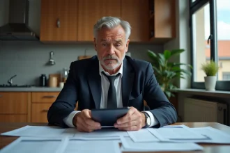 Homme d'affaires méditant avec papiers à la maison