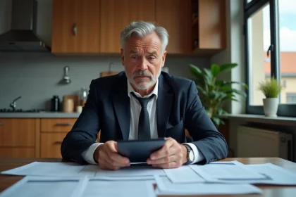 Homme d'affaires méditant avec papiers à la maison