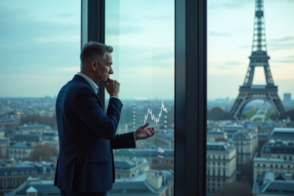 Homme d affaires en costume regardant des données financières à Paris