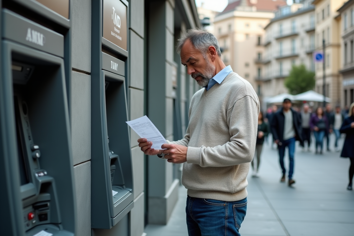 Homme vérifiant un reçu à un distributeur automatique