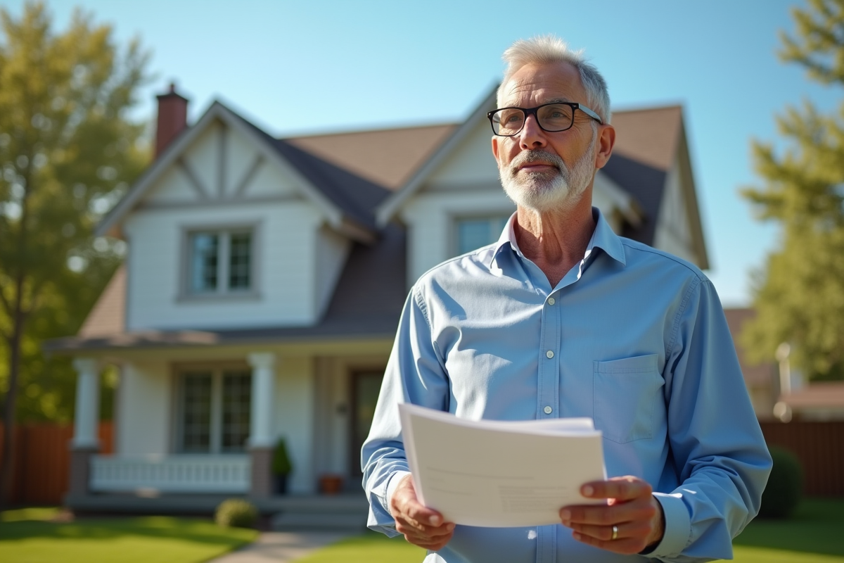 Homme senior tenant des clés et documents devant une maison