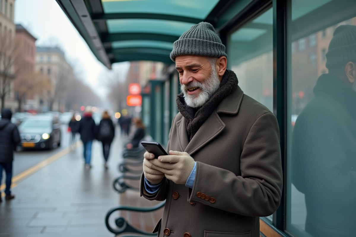 Homme en hiver vérifiant une notification sur son smartphone