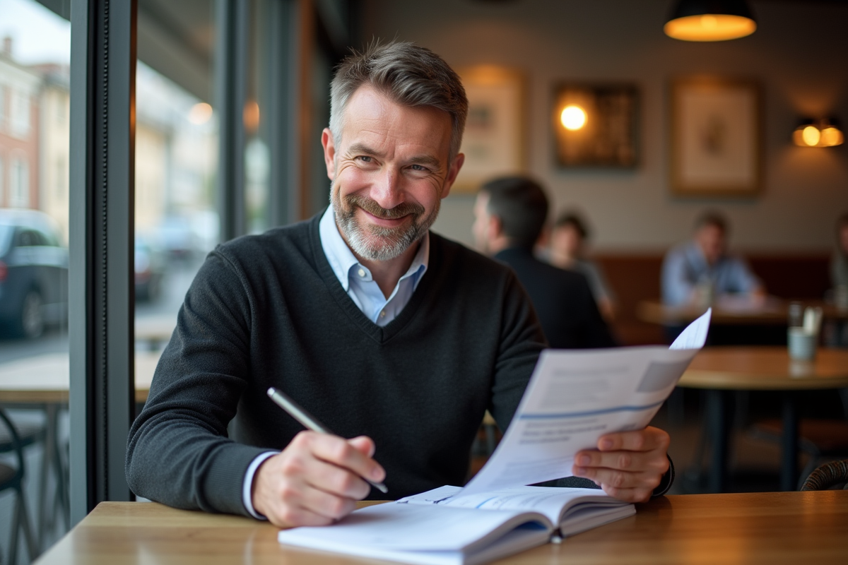 Homme au café examinant des brochures de prêt