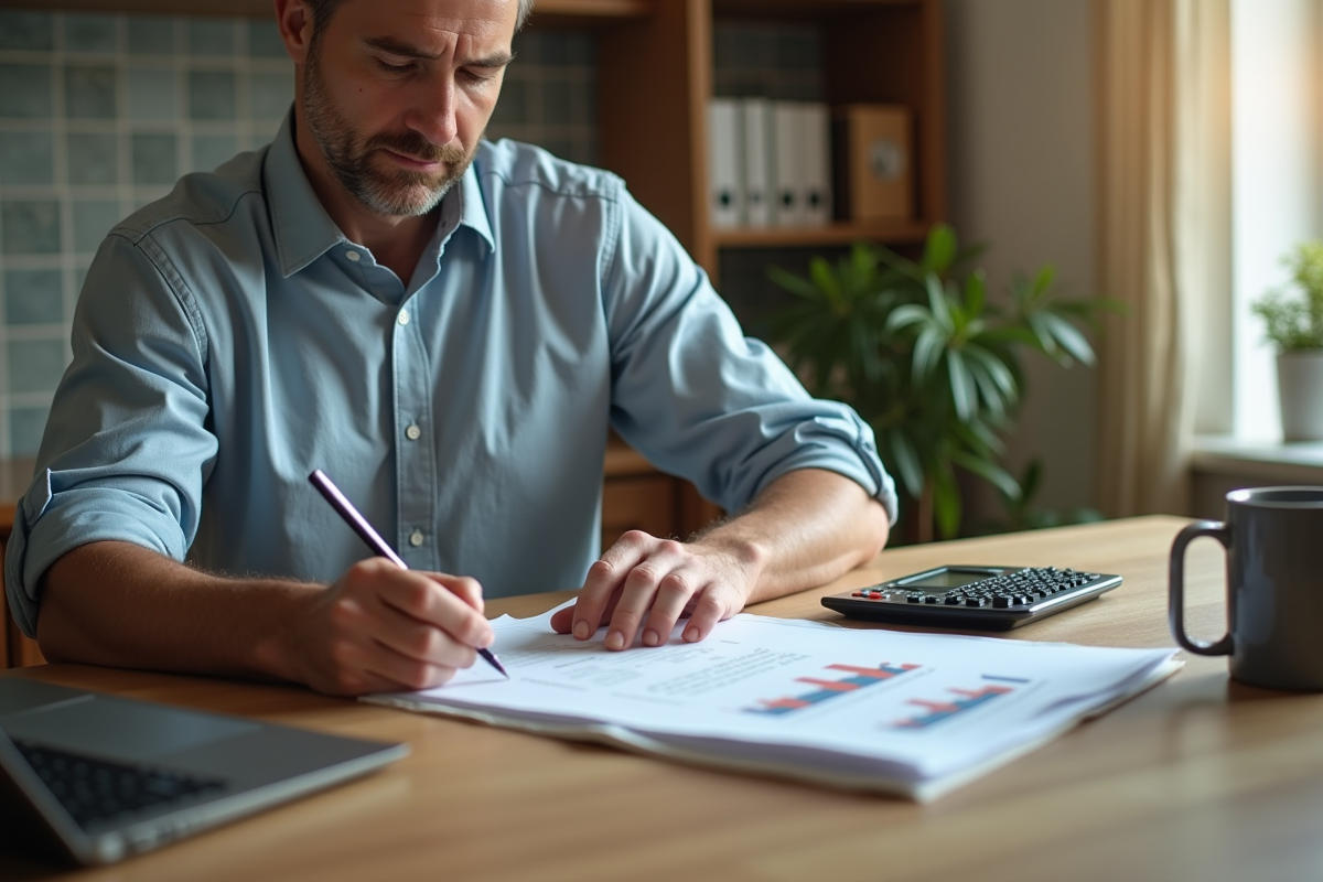 Homme faisant des calculs avec un rapport de profit à la maison
