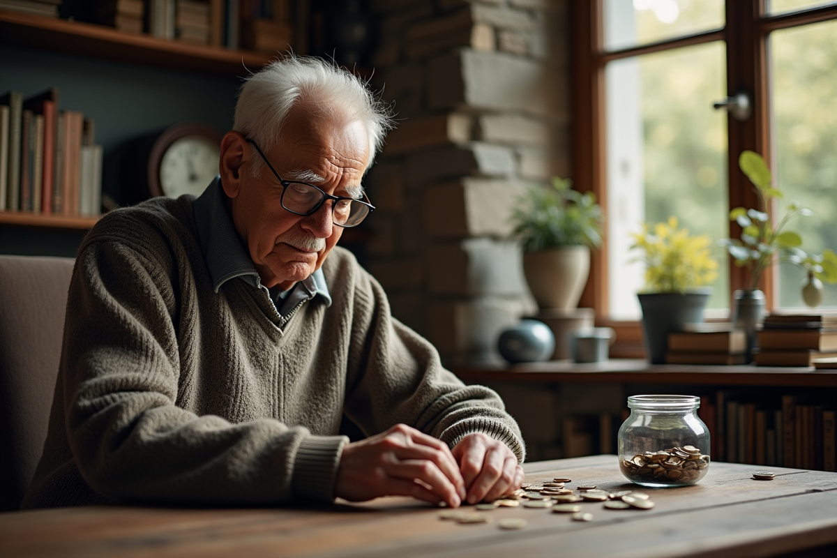 Homme âgé comptant des pièces dans un cadre rustique