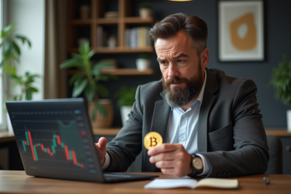 Homme d'affaires regardant un bitcoin dans un bureau moderne