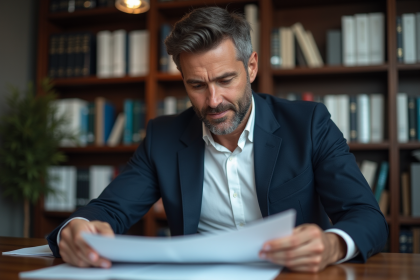 Homme comptable en blazer bleu examine des rapports financiers