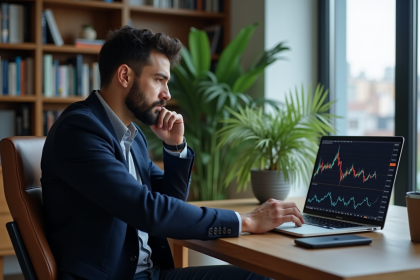 Homme pensif regardant des graphiques crypto sur son ordinateur