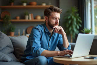 Homme concentré analysant staking crypto dans son salon