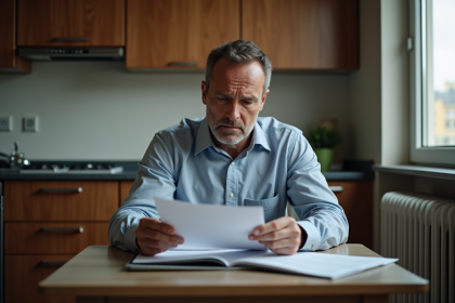 Homme d'âge moyen dans un appartement en train d'étudier des documents immobiliers