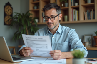 Homme d'âge moyen examinant des documents fiscaux dans une cuisine moderne