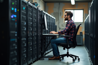 Homme en plaid surveillant des serveurs de minage dans un garage