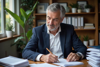 Homme d'&acirc;ge moyen remplissant des formulaires dans un bureau &agrave; domicile