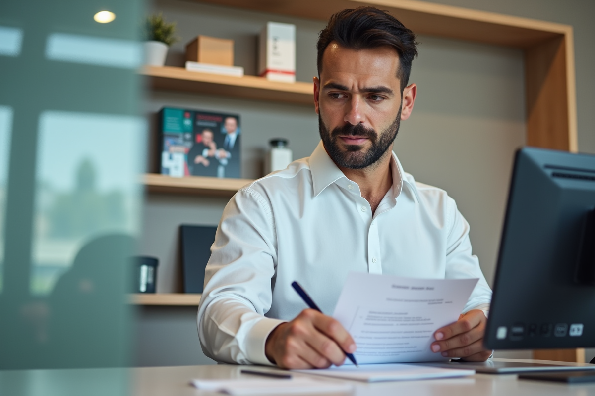 Homme en chemise blanche remplissant un formulaire bancaire