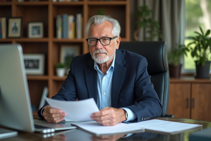 Homme senior en blazer bleu examine des documents de prêt immobilier