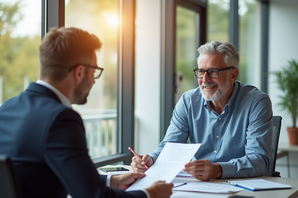 Homme senior avec conseiller fiscal dans un bureau lumineux