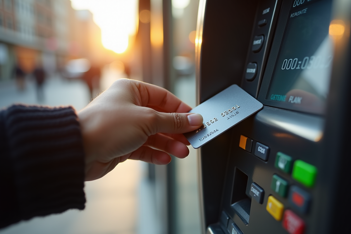 Main insérant une carte bancaire dans un distributeur automatique en ville