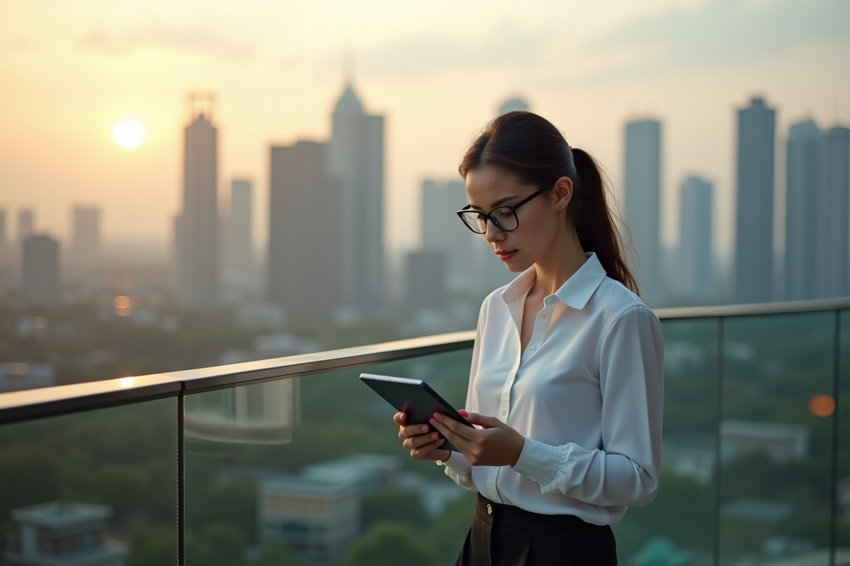 Jeune femme investisseuse regarde un graphique sur sa tablette en extérieur